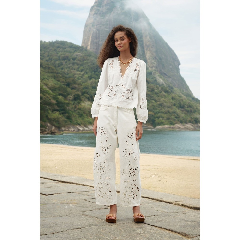 NWT Farm Rio Richelieu White Pants Womens 30 Cotton Eyelet Wide Leg Boho 356402